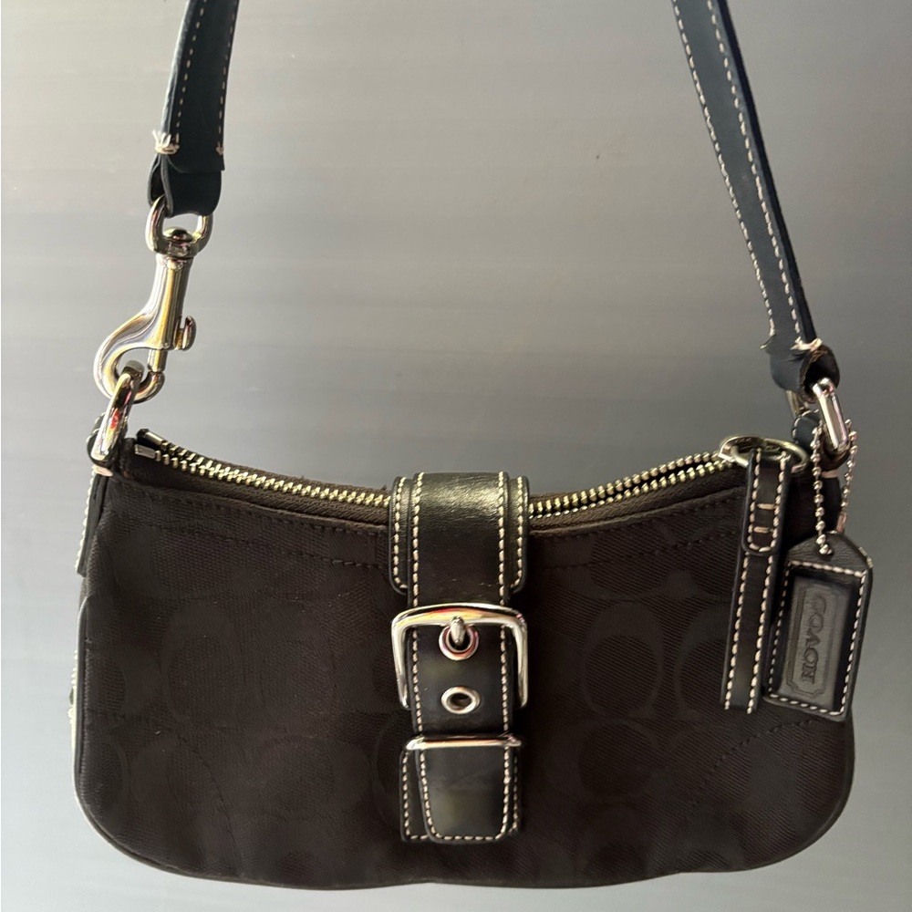 Coach Black Shoulder Bag with Silver Buckle and Leather Trim